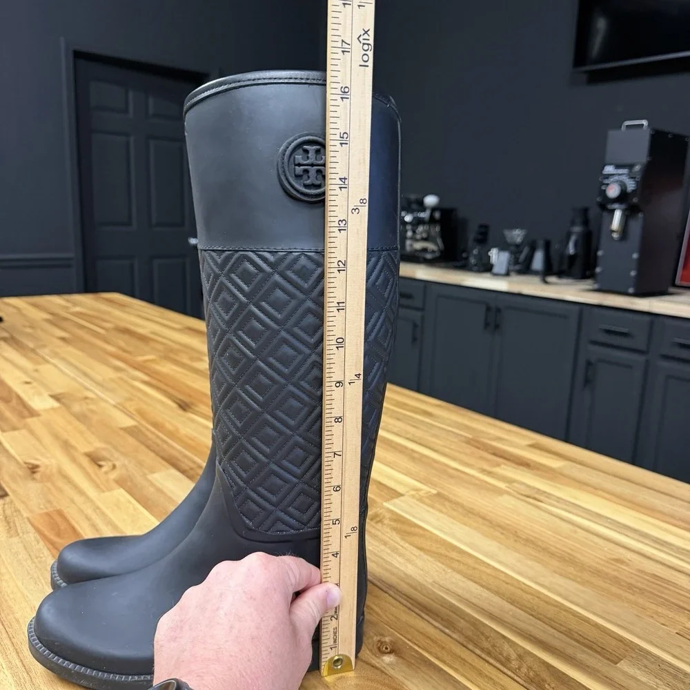 Tory Burch Marion Quilted Rain Riding Boots in Black Size 7